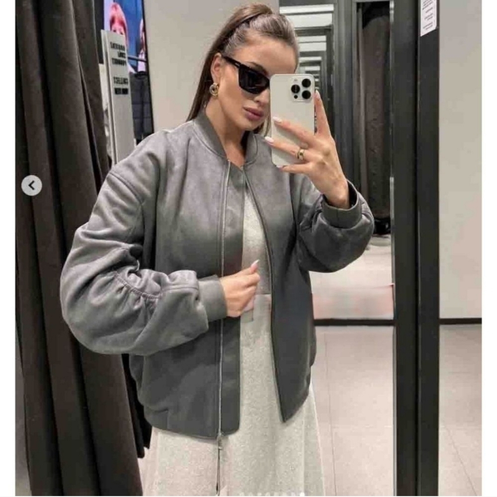New Zara Oversized Suede Gray Bomber Jacket NWT Medium